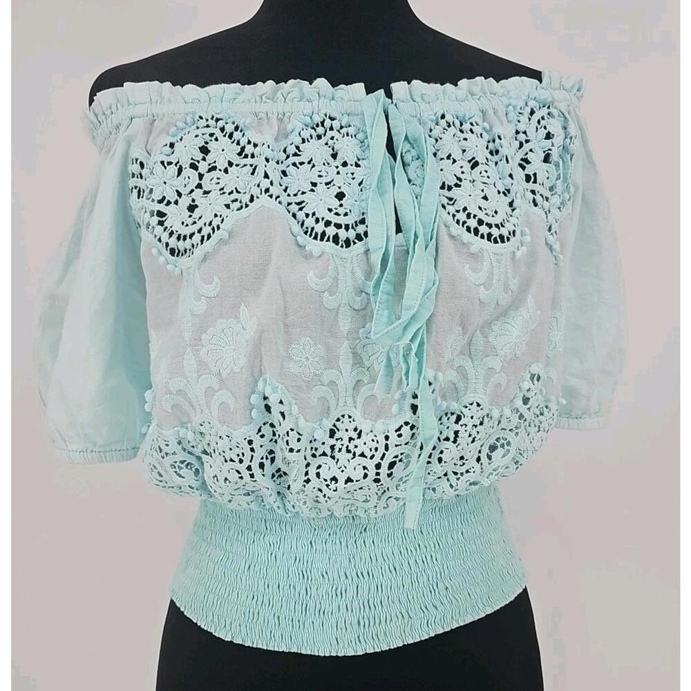 Taj By Sabrina Crippa Embroidered Crochet Top Medium Blue‎